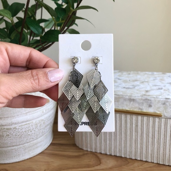 Express Silver Dangle Drop Earrings NEW faux diamond stud detail - Picture 10 of 14